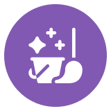Cleaning bucket and mop icon, purple background.