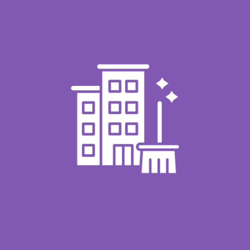Building and broom icon on purple background.