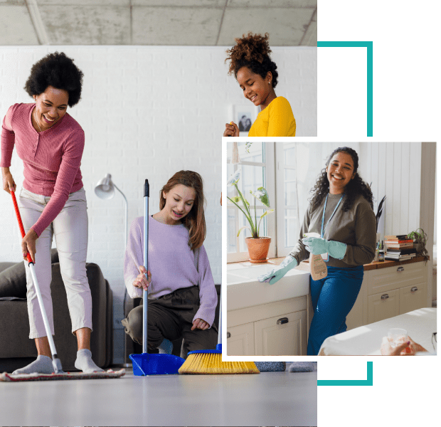 Women cleaning and organizing a home together, smiling and enjoying the activity.